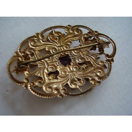 Brooch Large Czech Filigree Enamel Purple Faceted Claw-set Bohemian Glass Stone