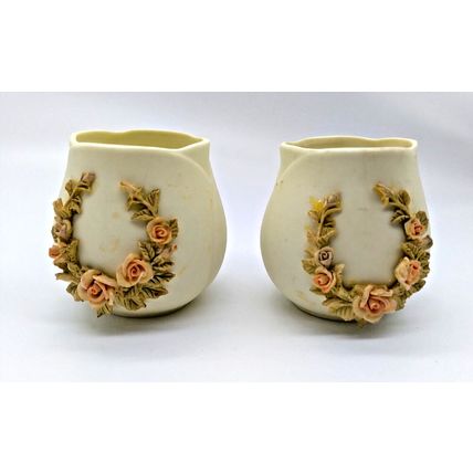 (2)Rose Shaped Small Vase/Vessel - Bone, off white color. Floral Wreath on front