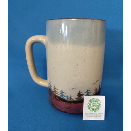 CERAMIC TANKARD NEW ENGLAND MOUNTAIN SCENE with PINE TREES and BIRDS + RECIPES