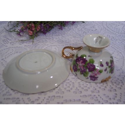 Purple Violets Footed Teacup & Saucer Made in Japan Iridescent Cup Gold Gilded