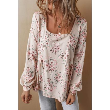 Pink Floral Print Pleated U Neck Loose Fit Blouse