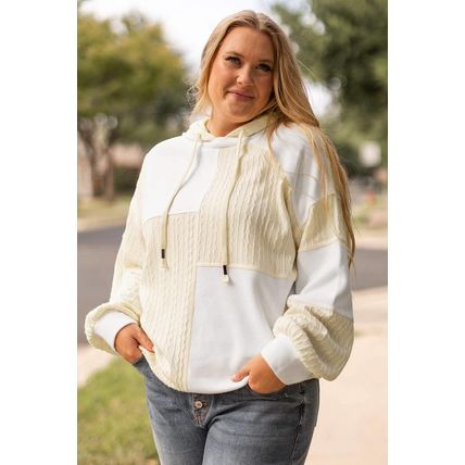 Beige Textured Patchwork Exposed Seam Plus Size Hoodie