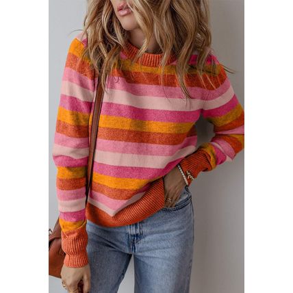 Orange Color Block Ribbed Edge Round Neck Sweater