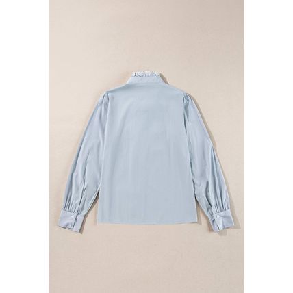 Sky Blue Stripe Frilled Trim Button Up Long Sleeve Shirt