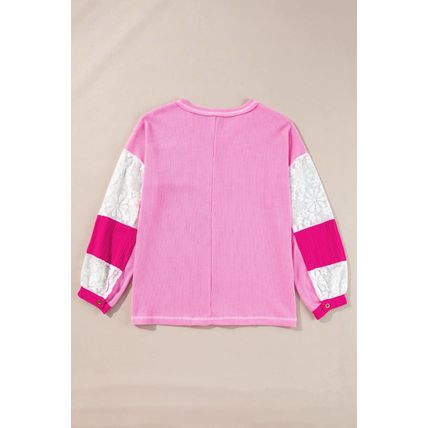Bonbon Lace Floral Patchwork Sleeve Stitching V Neck Rib Knit Blouse