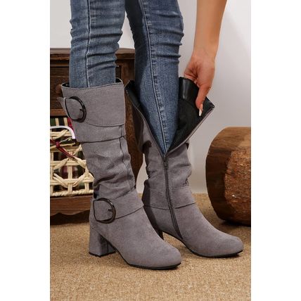 Dark Grey Suede Double Buckled Side Zipped Mid-calf Boots