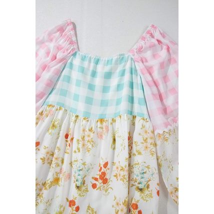 Pink Ric Rac Plaid Floral Print Patchwork Bubble Sleeve Dress