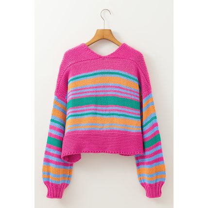Rose Stripe Colorful Puff Sleeve Drop Shoulder Loose Cardigan