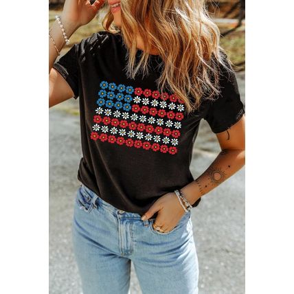 Black Cute Flowers Make Up American Flag Trendy Graphic T Shirt