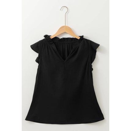 Black Ruffled Shoulder V Neck Shift Tank Top