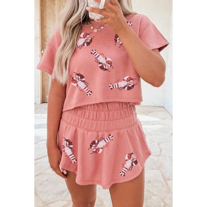 Blossom Sequin Crawfish Graphic Cropped Tee High Waist Skort 2pcs Outfit