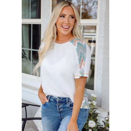 White Chevron Patchwork Raglan Sleeve Knitted T Shirt