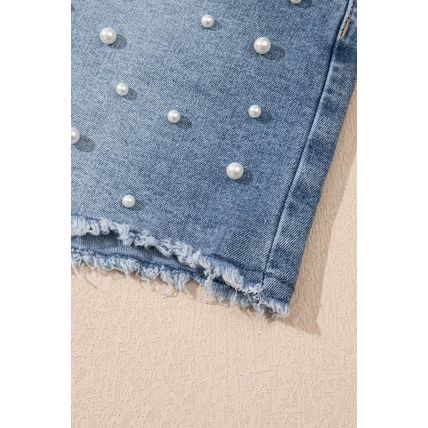 Dusk Blue Pearl Beaded Raw Hem Medium Wash Denim Shorts