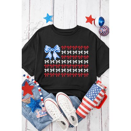 Black American Flag Inspired Bow Graphic Drop Shoulder T Shirt