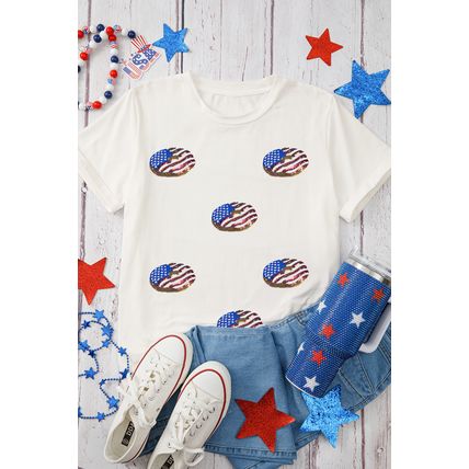 White Sequined Flag Pattern Donuts Graphic T Shirt