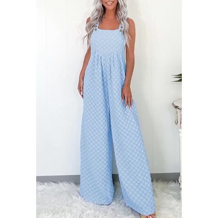 Beau Blue Checkered Pocketed High Waist Wide Leg Overall