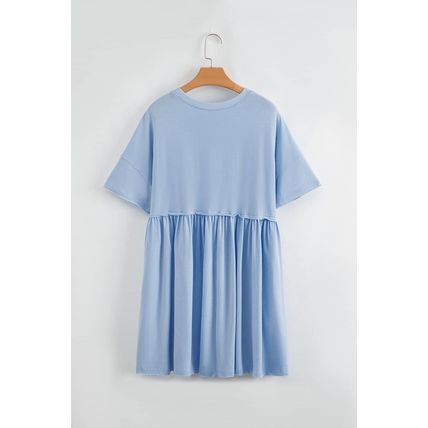 Sky Blue Solid Color Pocketed Raw Edge Babydoll Dress