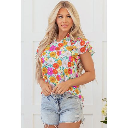 Yellow Floral Print Shirred Tiered Ruffled Sleeve Blouse