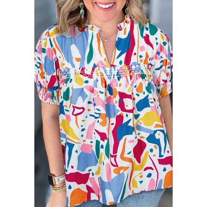 White Abstract Print Shirred Cuff Puff Sleeve Plus Size Blouse