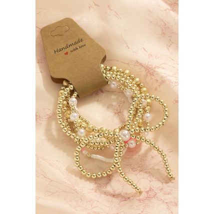 Gold Bow Knot Pearl Decor Beaded Plated Layered Bracelet