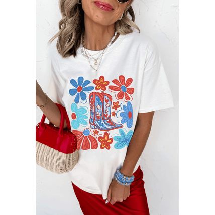 White Floral Cowgirl Boots Print Independence Day T Shirt