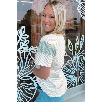White Stripe Floral Insert Sleeves Contrast Round Neck Tee