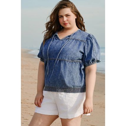 Sail Blue Plus Drawstring V Neck Puff Sleeve Denim Blouse