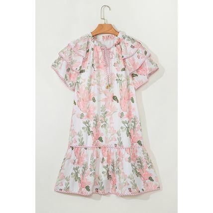 Pink Floral Contrast Edge Layered Short Sleeve Mini Dress