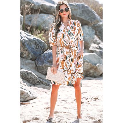 Brown Abstract Printed Puff Sleeve Button Up Braided Belt Mini Dress