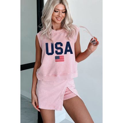 Light Pink USA Flag Graphic Tank Top and Skort Short Set