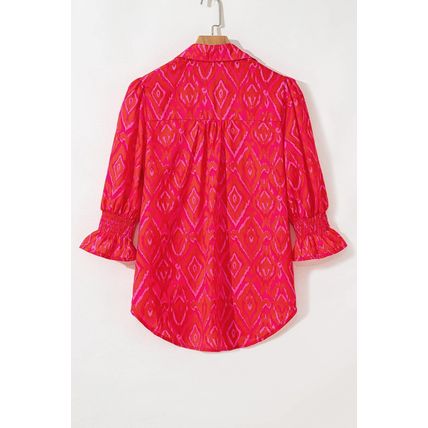 Strawberry Pink Western Aztec Geometric Ruffled 3/4 Sleeve Shirt