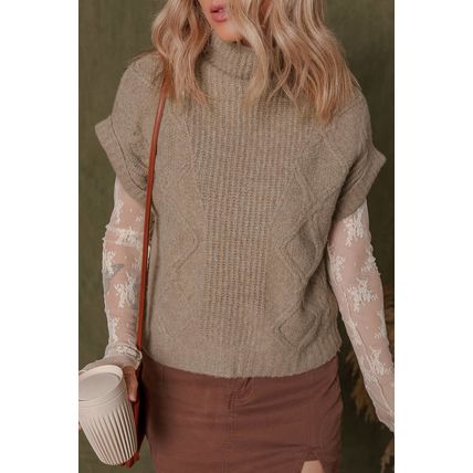 Smoke Gray Textured Knit High Neck Sweater T Shirt