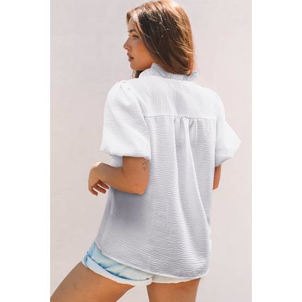 White Striped Ruffle Short Bubble Sleeve Shirt