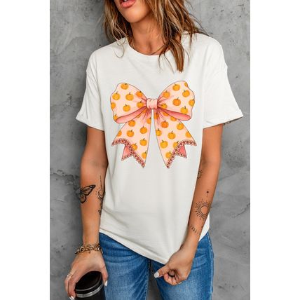 White Pumpkin Bow Print Thanksgiving T Shirt