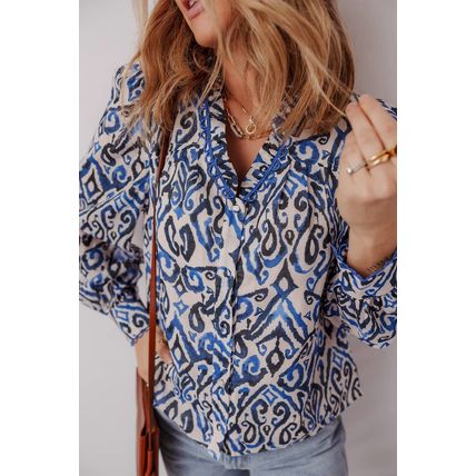 Blue Bohemian Print Embroidered V Neckline Detail Long Sleeve Shirt