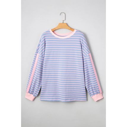 Sky Blue Stripe Oversize Contrast Trim Drop Shoulder Casual Top