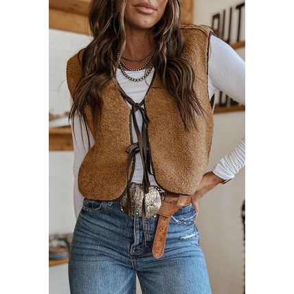 Light French Beige Contrast Trim Tie Front Sherpa Vest