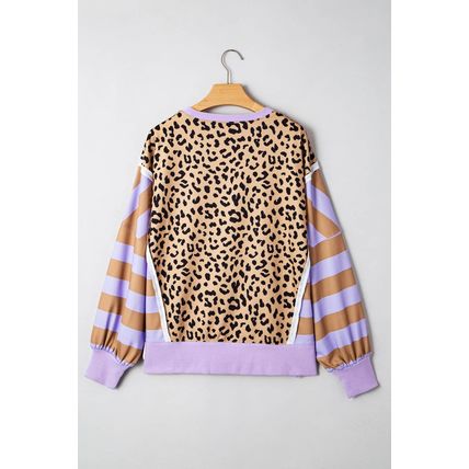 Purple Stripe Color Block Patchwork Leopard Casual Sweatshirt with Slits