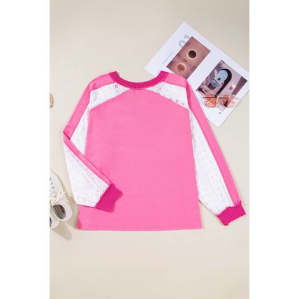 Bonbon Lace Striped Patchwork Long Sleeve Corded V Neck Plus Size Top