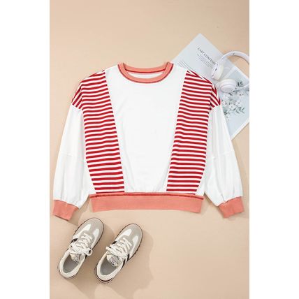 Red Stripe Colorblock Patchwork Contrast Stitching Oversize Sweatshirt
