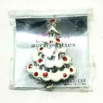 Vintage 2 1/4" Costume Jewelry White Christmas Tree Brooch Red Rhinestones (B17