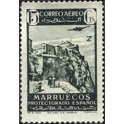 SPANISH MOROCCO, Airplane above Velez, green-black 1942, 15c