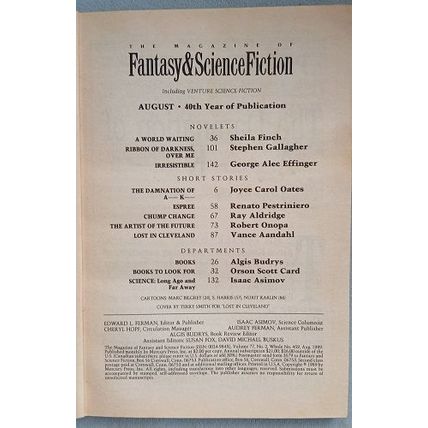 Fantasy & Science Fiction, Effinger, Oates, Finch, US pb Aug 1989