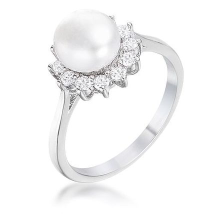 36Ct Rhodium Plated Freshwater Pearl and CZ Halo Ring