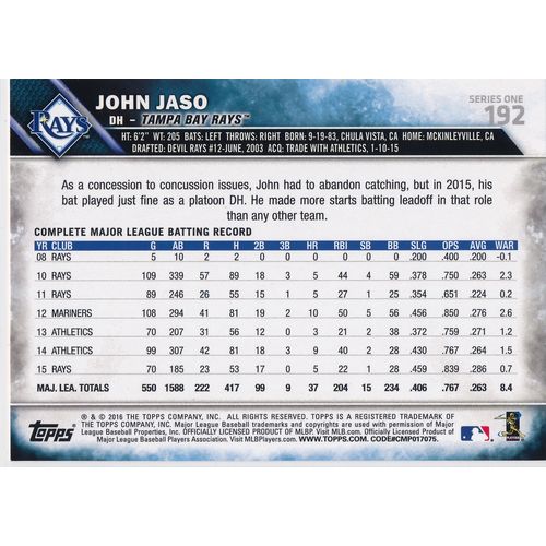 2016 Topps Baseball 192 John Jaso Tampa Bay Rays