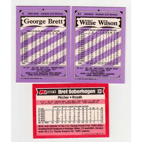 THREE1990 Kaybee, Kmart Royals cards- #4 Brett #31 Wilson #26 Saberhagen