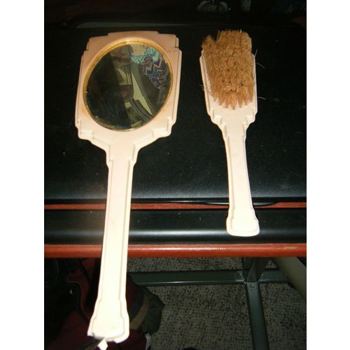 Vintage Art Deco Plastic Celluloid Hand Mirror & Matching Hair Brush