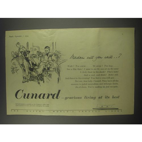 1954 Cunard Cruise Ad - Madam will you walk?
