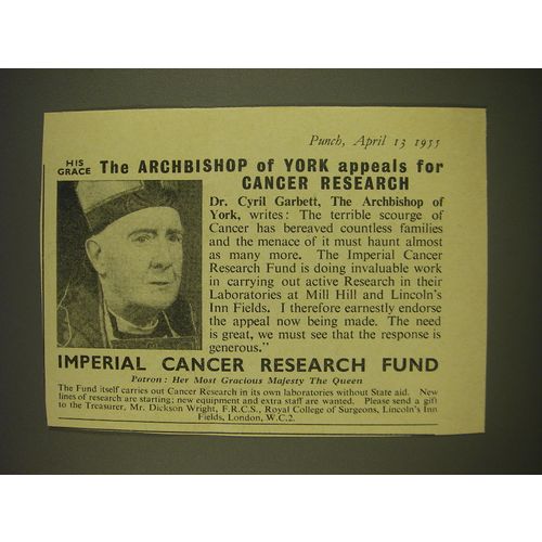 1955 Imperial Cancer Research Fund Ad - His grace The Archbishop of York