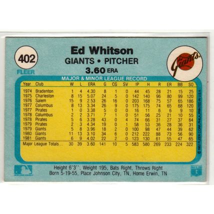 1982 Fleer baseball card 402 Ed Whitson– Giants